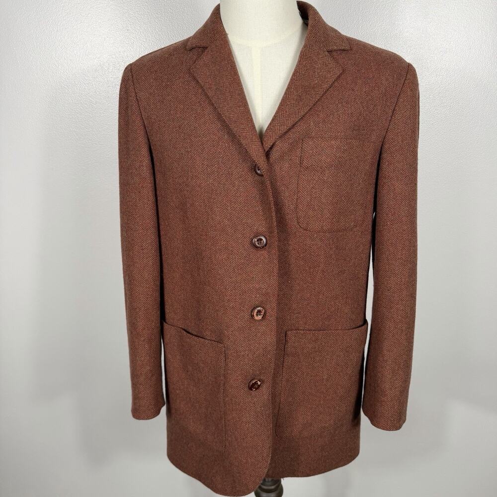 Gap Herringbone Wool Blend Blazer Jacket Brown Suede Elbow Patches Size M